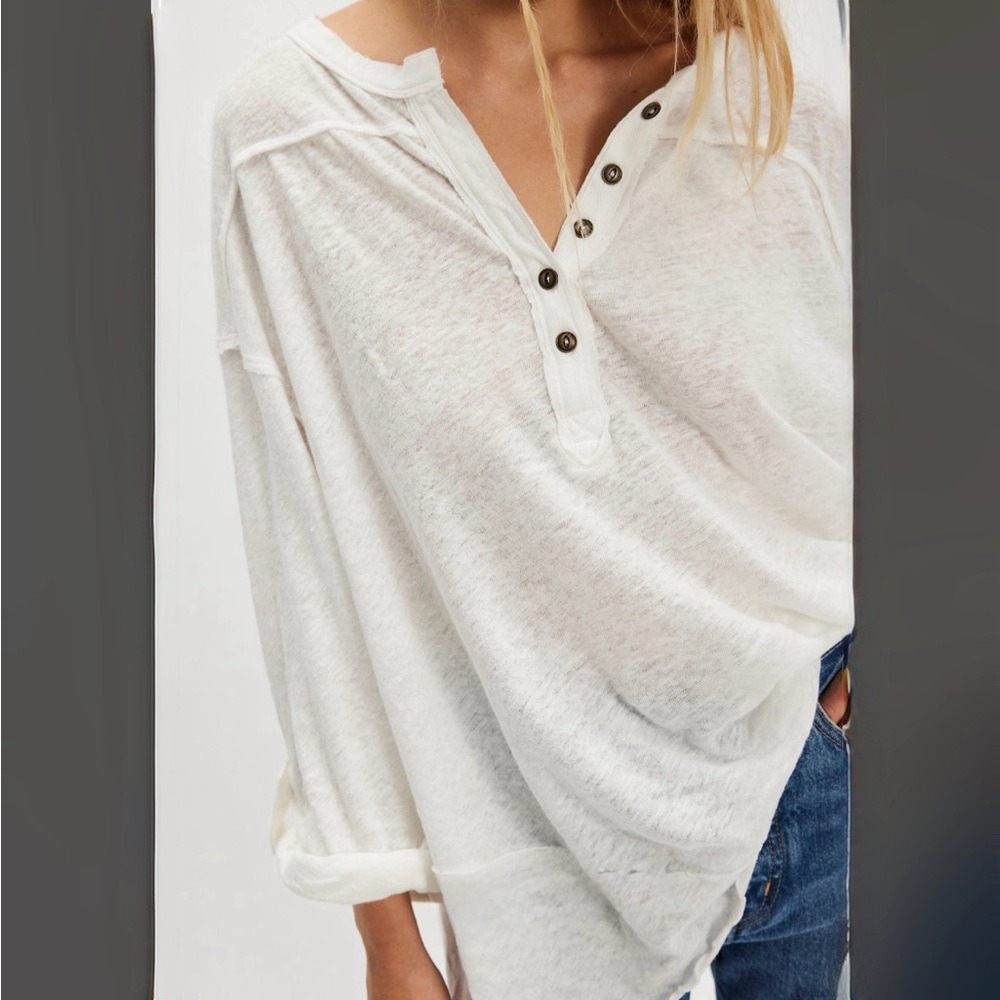 We The Free Cotton Linen Henley Long Sleeve Tee medium ivory white new - Picture 3 of 11